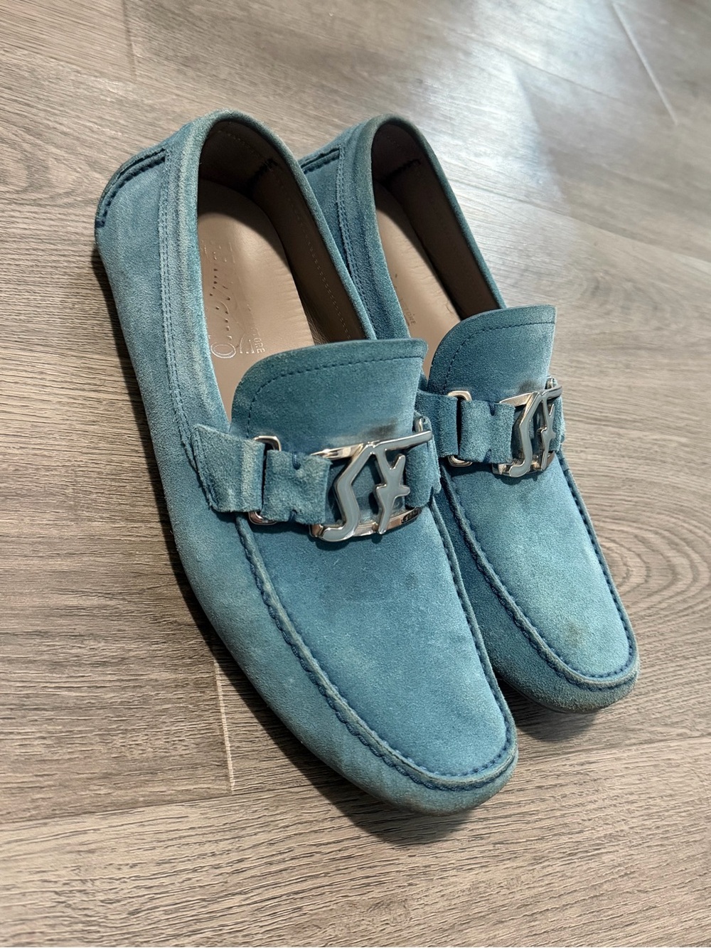 Salvatore Ferragamo Teal Suede Loafers with Silver Hardware
